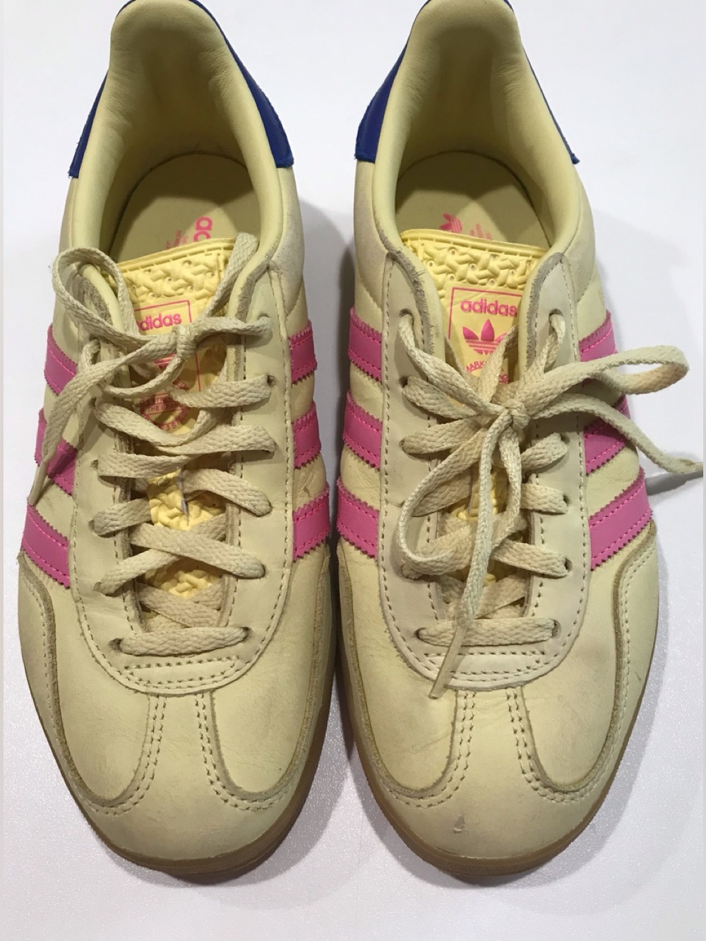 🍏 Adidas Gazelle Lemon/Pink/Blue Leather Shoes, Size 6.5